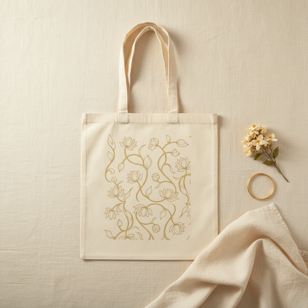 Ceylon lotus canvas tote bag flat lay with jasmine flowers and gold bangle — Ceylon Culture Vibes