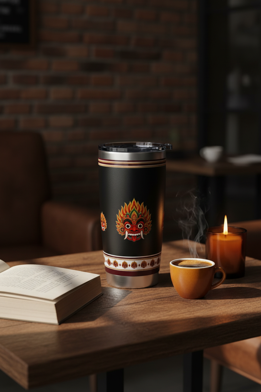 Raksha Guardian Tumbler 20oz Black — moody coffee shop lifestyle — Raksha Collection — Ceylon Culture Vibes