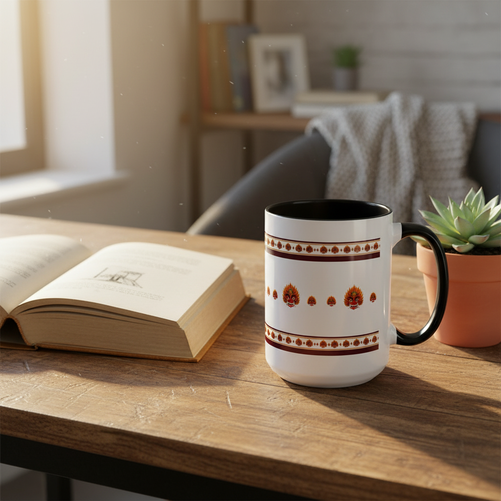 Raksha mask accent coffee mug on morning desk with book and sunlight — Raksha Collection — Ceylon Culture Vibes