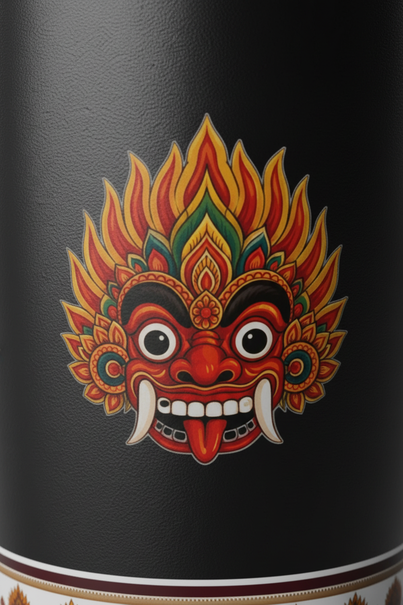Raksha Guardian Tumbler 20oz Black macro close-up of Raksha mask print — Raksha Collection — Ceylon Culture Vibes