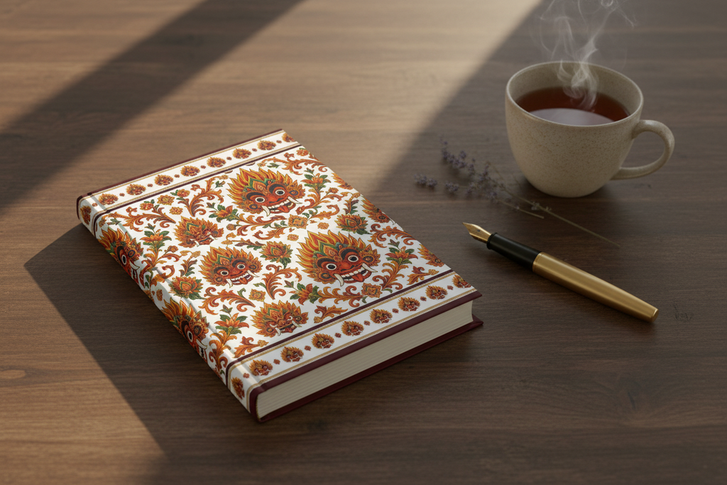 Raksha mask floral journal open on writer's desk with gold pen and tea — Raksha Collection — Ceylon Culture Vibes