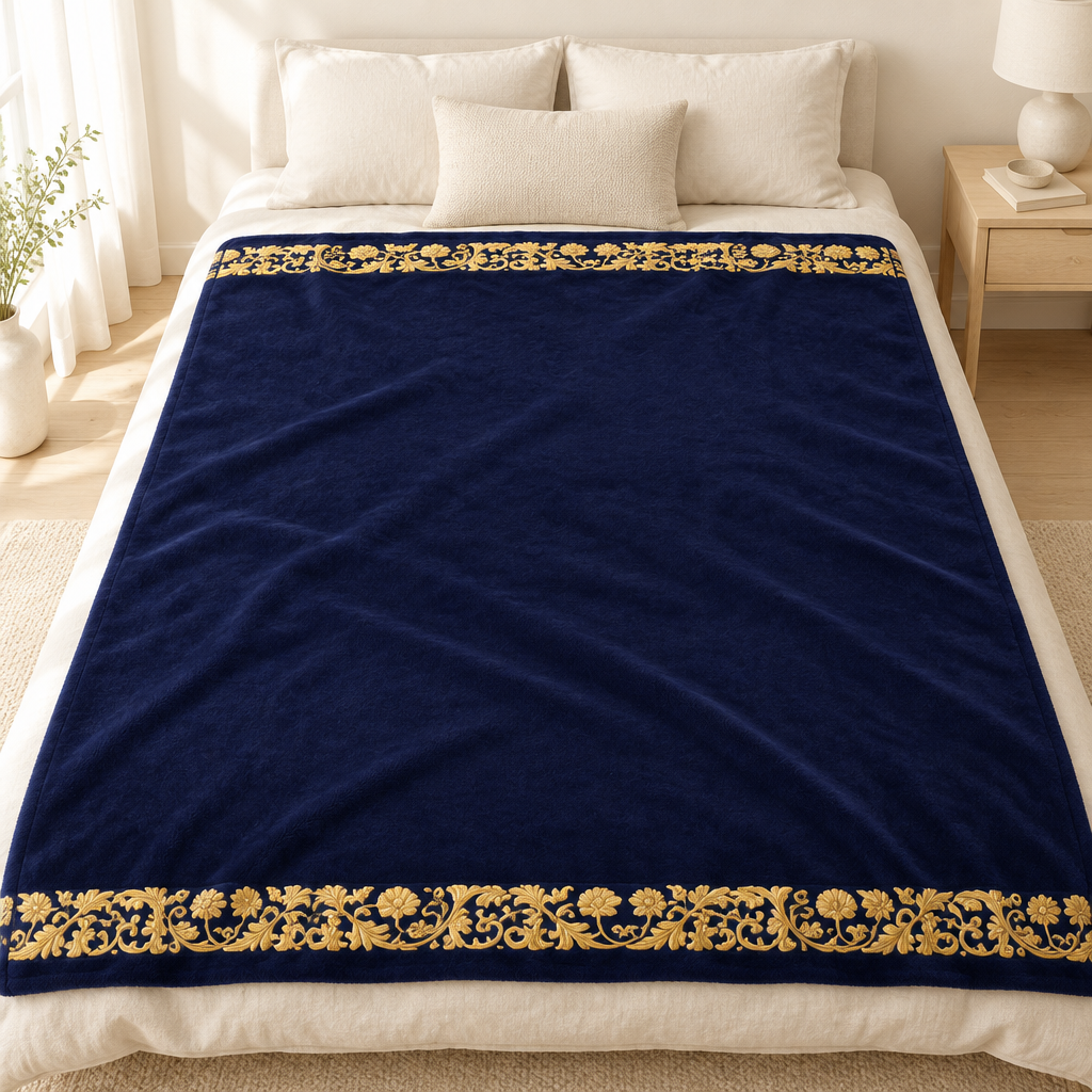 Navy velveteen blanket with gold borders laid across a cream bed — Ceylon Culture Vibes