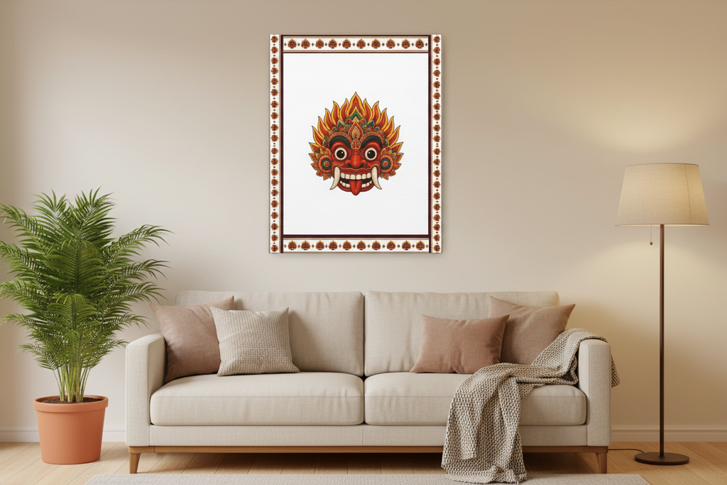 Raksha mask stretched canvas wall art in ivory living room — Raksha Collection — Ceylon Culture Vibes
