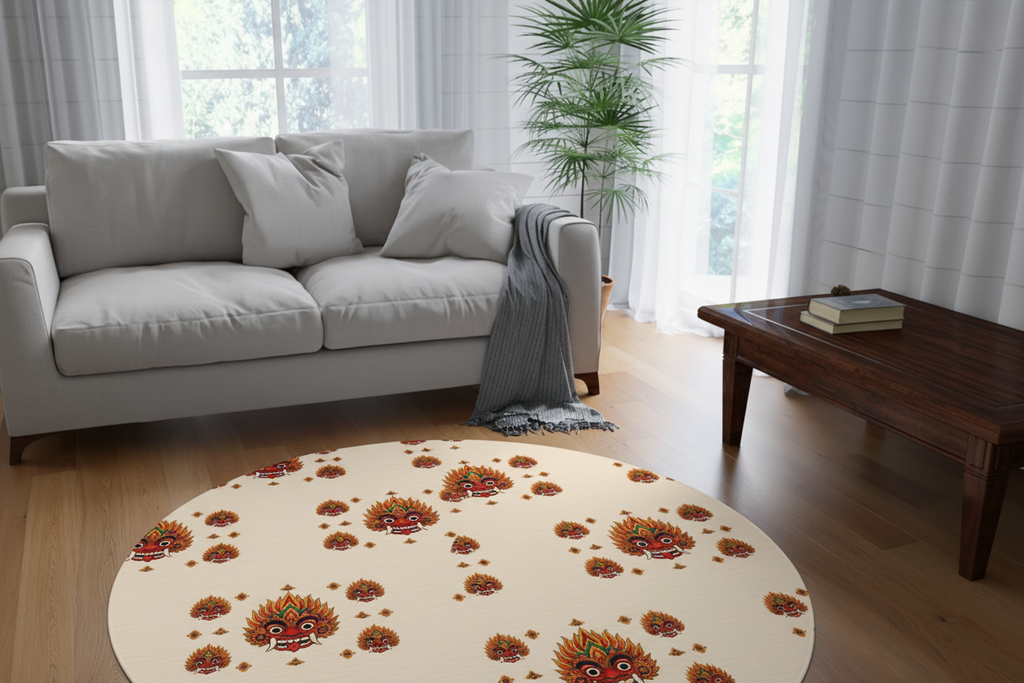 Raksha mask round rug with Sri Lankan devil dance pattern in modern living room — Raksha Collection — Ceylon Culture Vibes