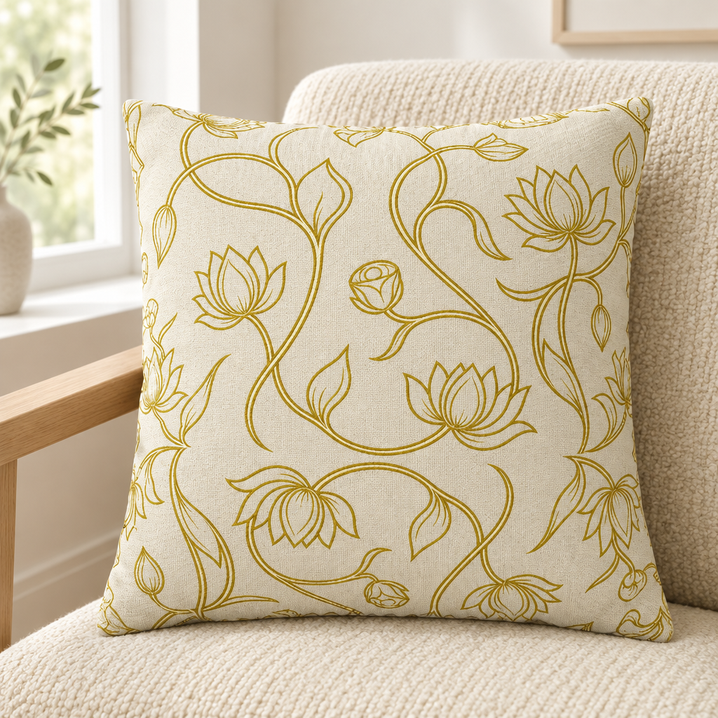 Ivory square cushion with gold lotus and vine line art on a cream chair — Ceylon Culture Vibes