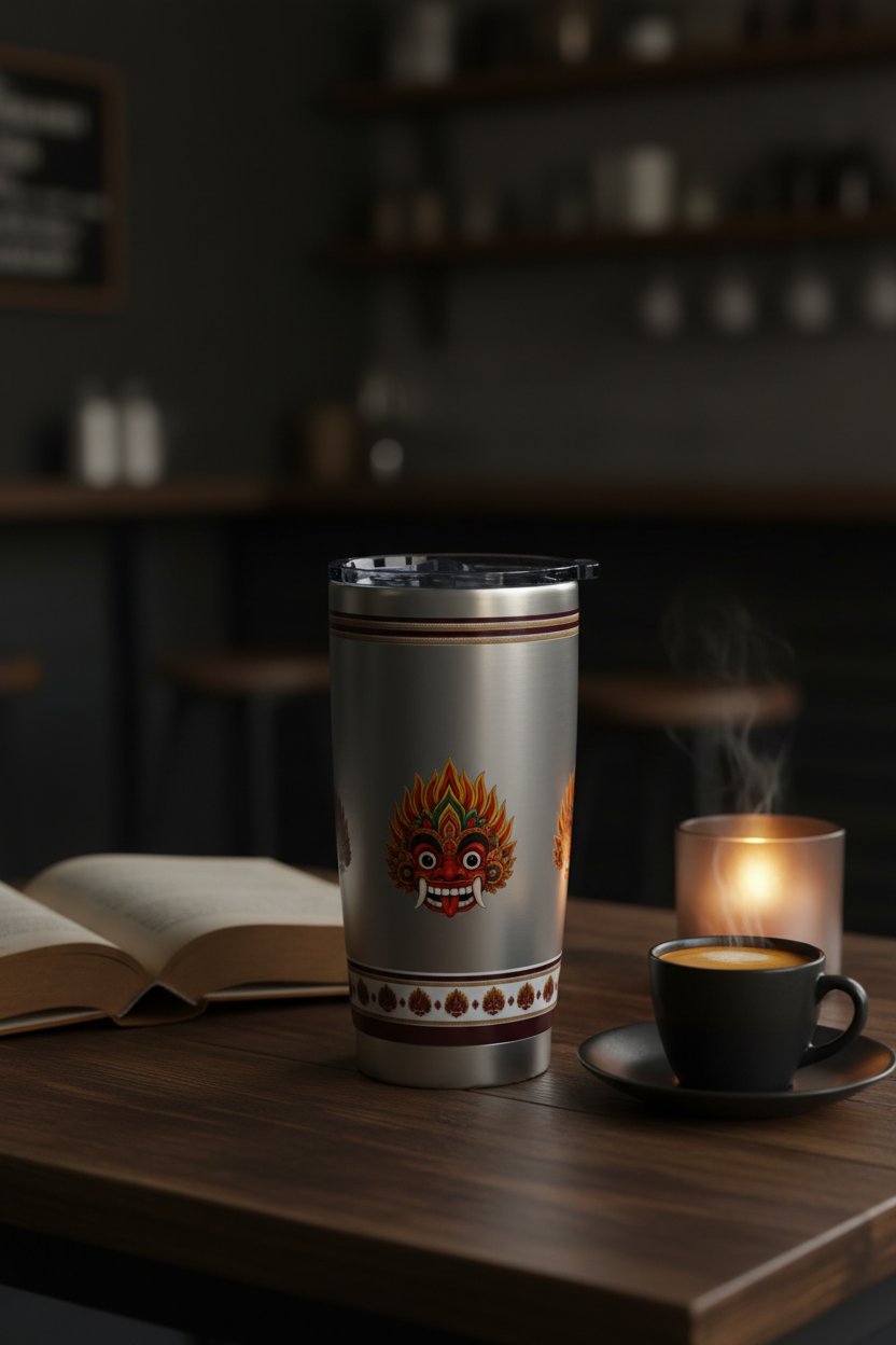 Raksha Guardian Tumbler 20oz Steel — moody coffee shop lifestyle — Raksha Collection — Ceylon Culture Vibes