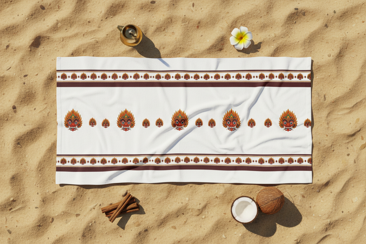 Raksha beach towel with Sri Lankan devil dance mask print in cultural flat lay with brass lamp and frangipani — Raksha Collection — Ceylon Culture Vibes
