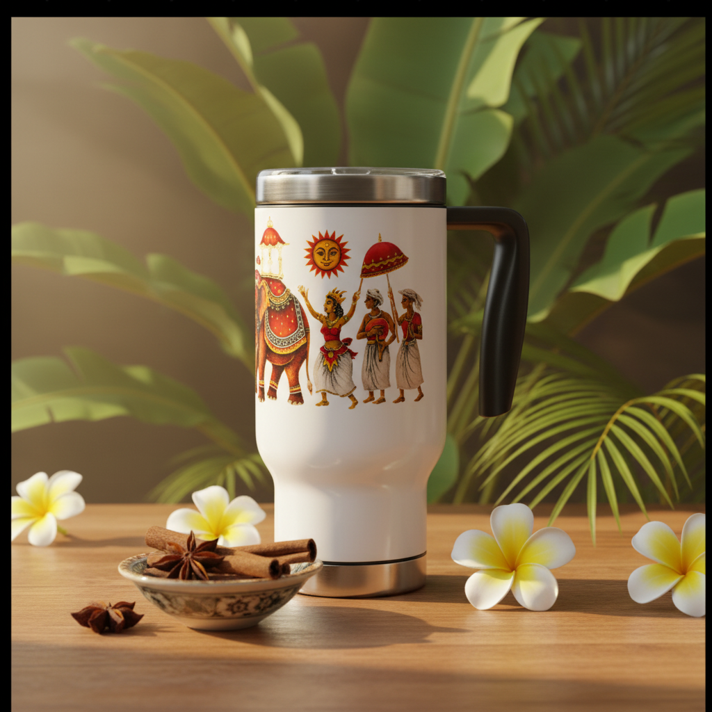 Lifestyle shot of Perahera elephant travel mug with handle in tropical setting with frangipani and cinnamon — Ceylon Culture Vibes