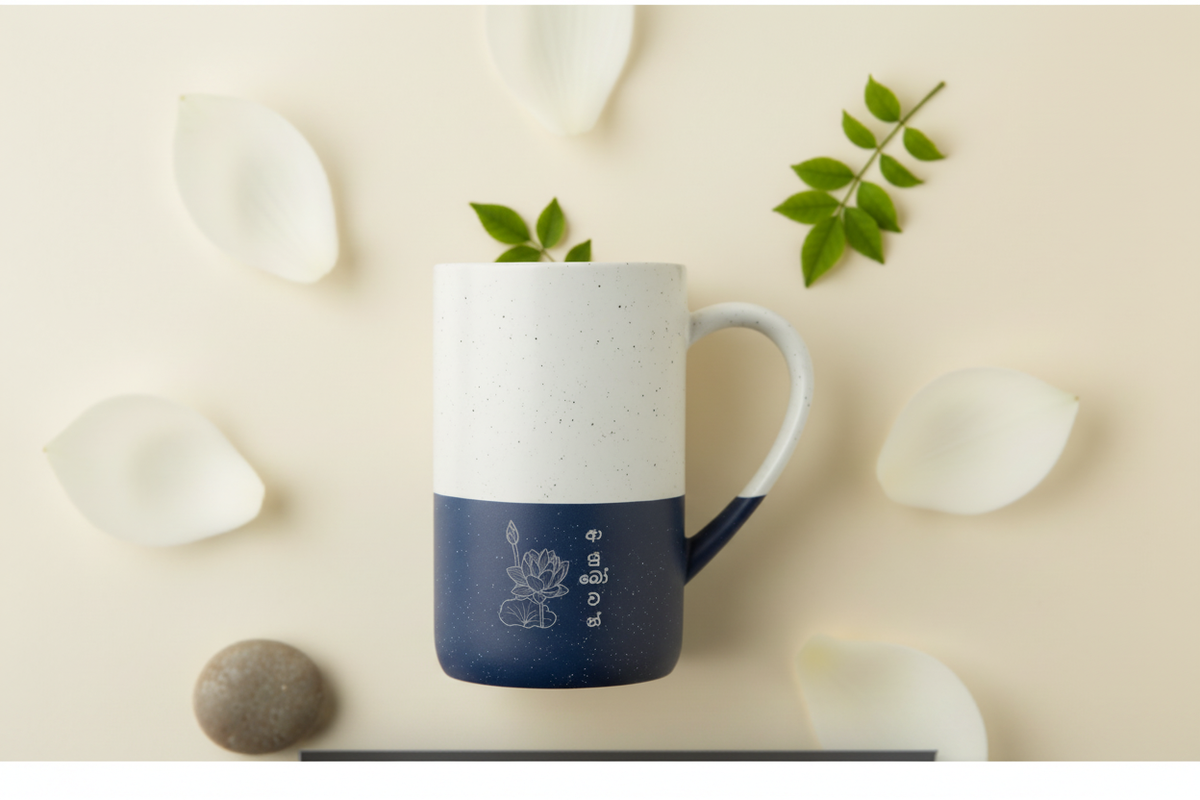 Ayubowan lotus mug flat lay lifestyle with stone and lotus petals — Ceylon Culture Vibes