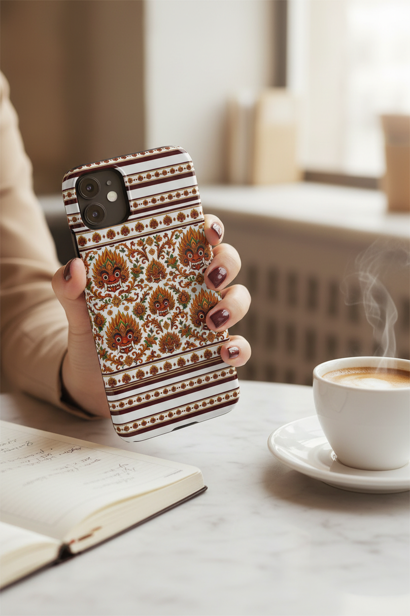Raksha floral folk mask slim phone case held at café table — Raksha Collection — Ceylon Culture Vibes