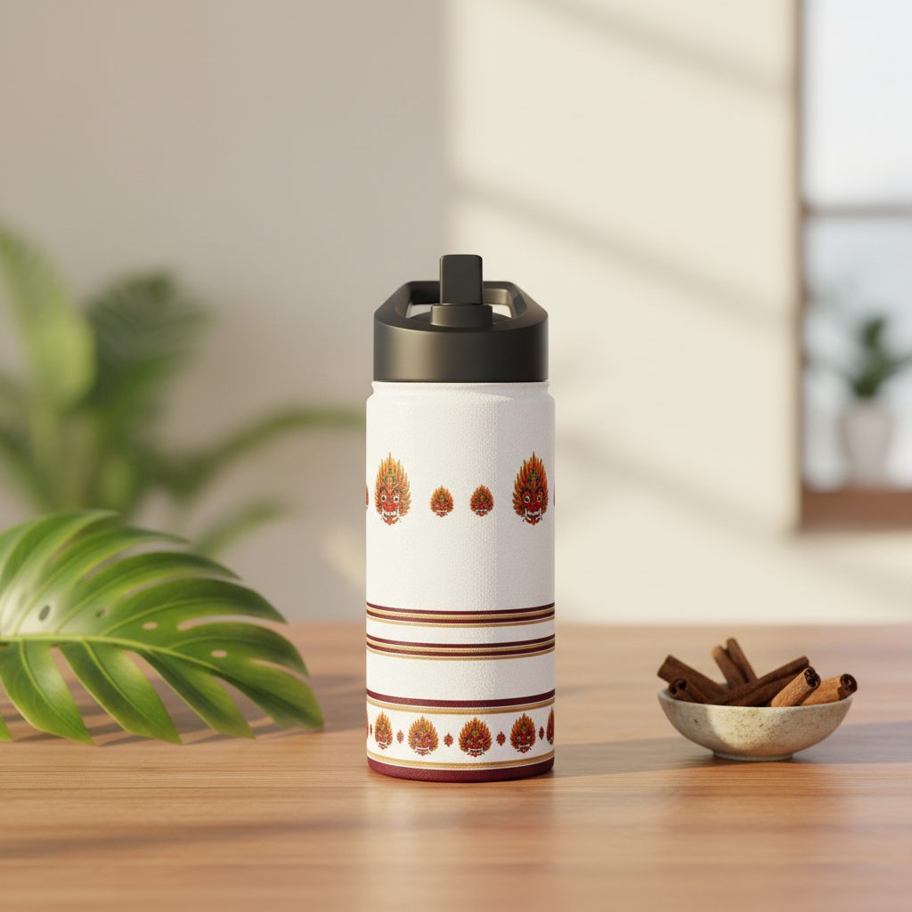 Lifestyle shot of Raksha Mask border water bottle on wooden table with tropical leaves — Raksha Collection — Ceylon Culture Vibes