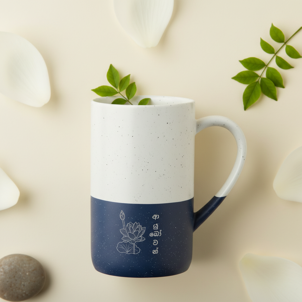 Ayubowan lotus Sinhala engraved navy ceramic mug close-up thumbnail — Ceylon Culture Vibes
