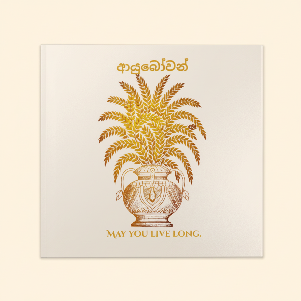 Ayubowan hardcover photo book angled cover shot gold Punkalasa design — Ceylon Culture Vibes