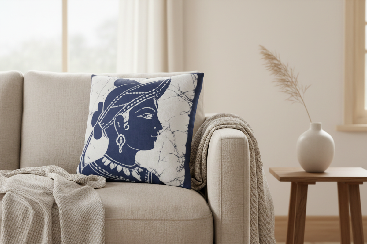 Sigiriya Apsara batik cushion lifestyle mockup on linen sofa — Sri Lankan heritage home décor — Ceylon Culture Vibes