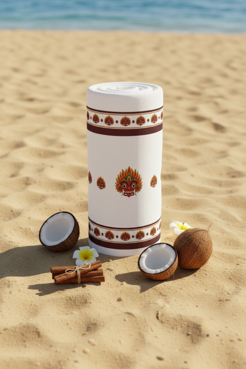 Raksha Beach Towel rolled portrait on sand — Ceylon Culture Vibes