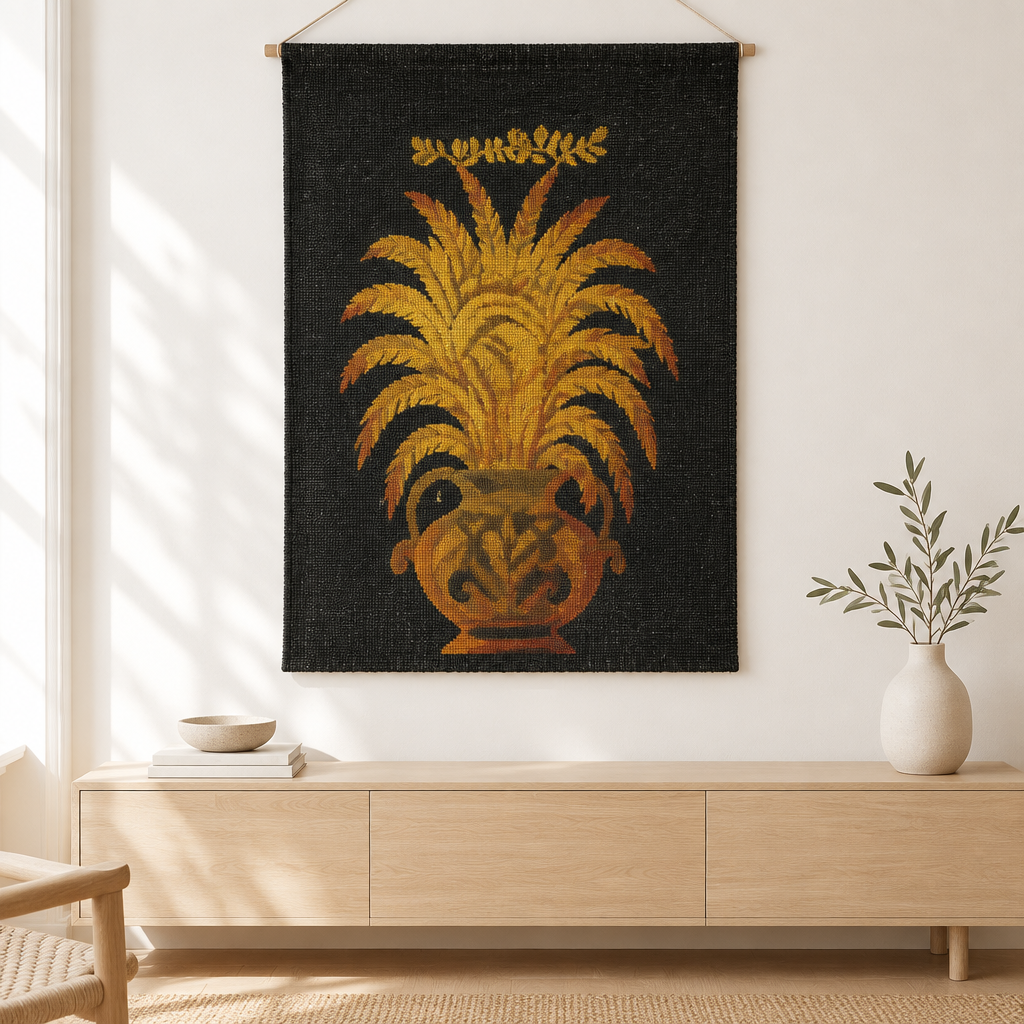 Dark woven tapestry with golden palm motif hanging above a light timber console — Ceylon Culture Vibes