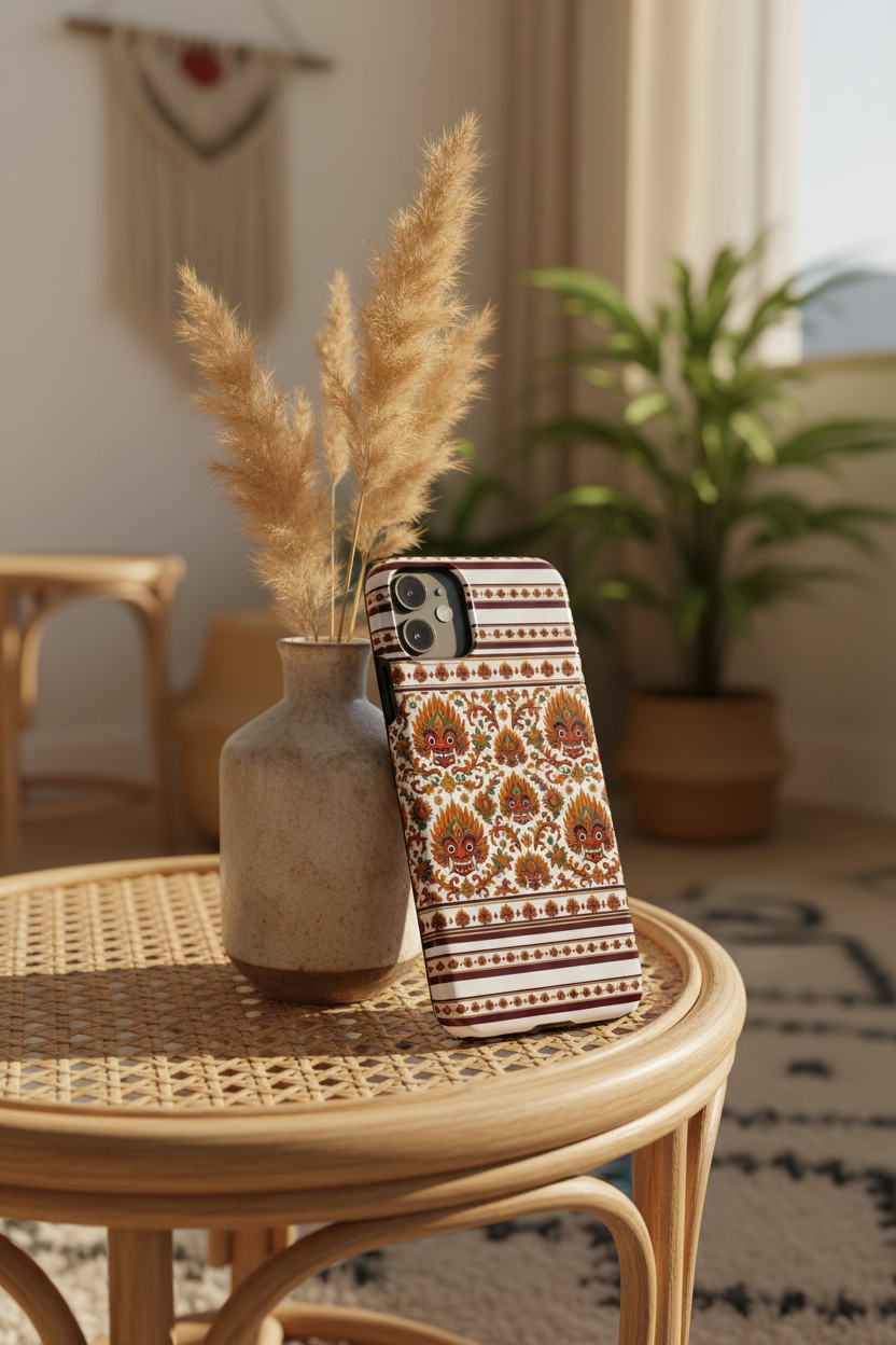 Raksha floral folk mask slim phone case on rattan side table boho home — Raksha Collection — Ceylon Culture Vibes