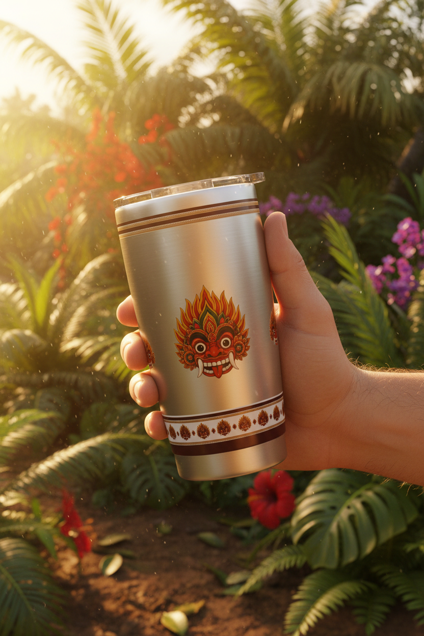 Raksha Guardian Tumbler 20oz Steel held outdoors at golden hour — Raksha Collection — Ceylon Culture Vibes