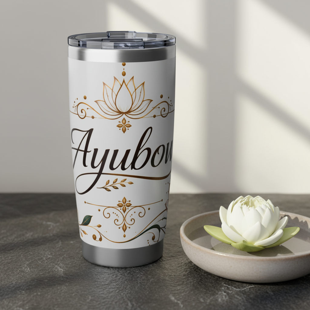 Ayubowan gold lotus tumbler beside fresh lotus flower in water zen minimal — Ayubowan Collection — Ceylon Culture Vibes