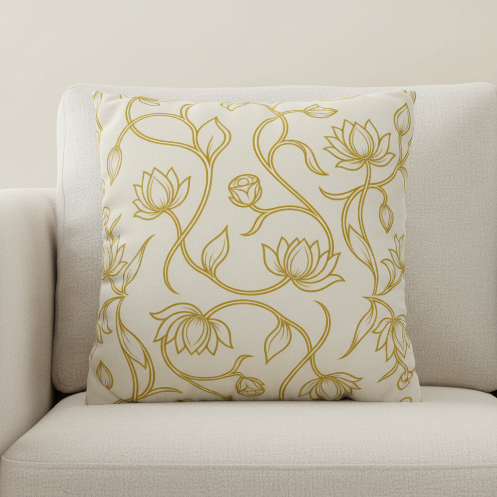 Ceylon lotus cushion cover close-up on cream sofa — Ceylon Culture Vibes