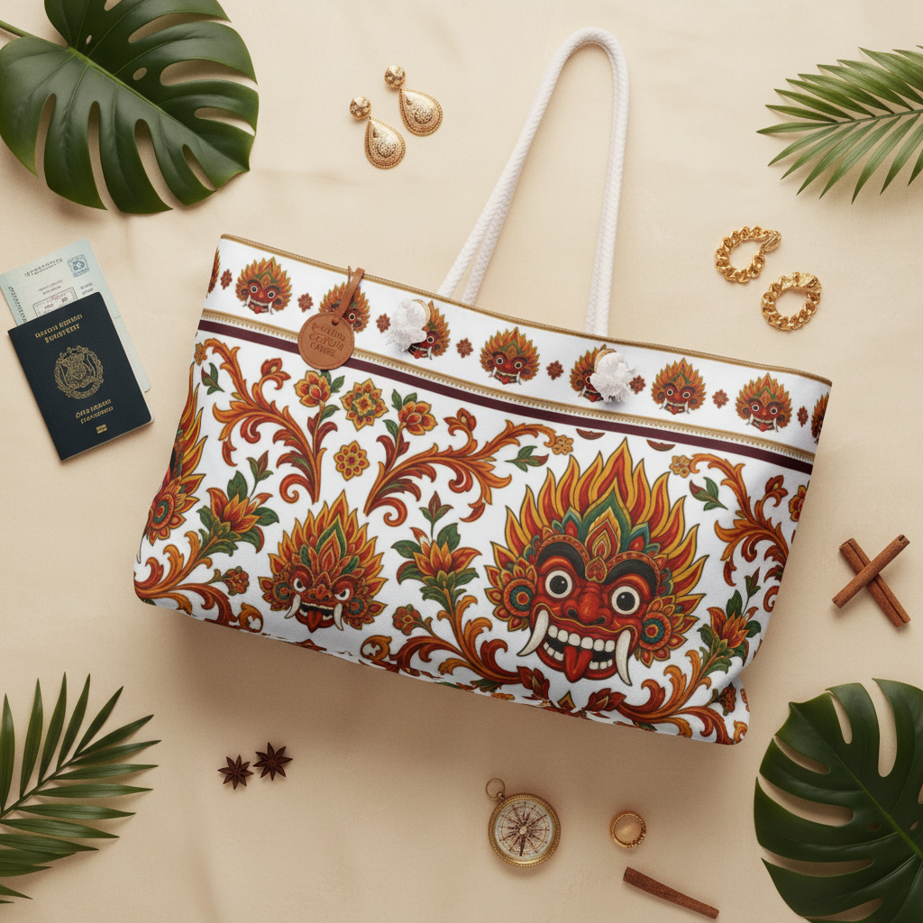 Sri Lanka Raksha Mask Weekender Bag Kolam Devil Dance flat lay — Raksha Collection — Ceylon Culture Vibes