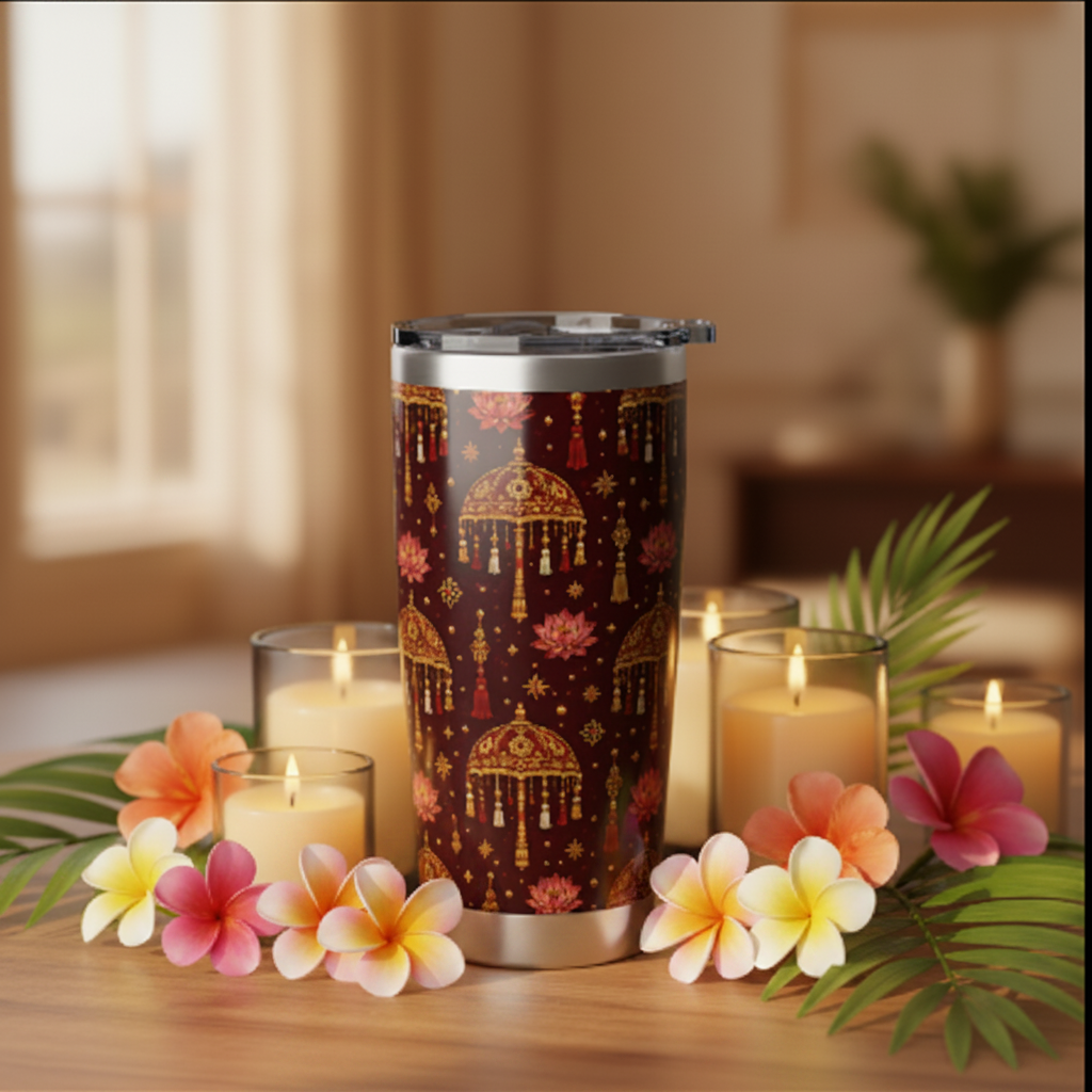 Full view lifestyle shot of Kandyan heritage tumbler with frangipani flowers and candlelight — Ceylon Culture Vibes