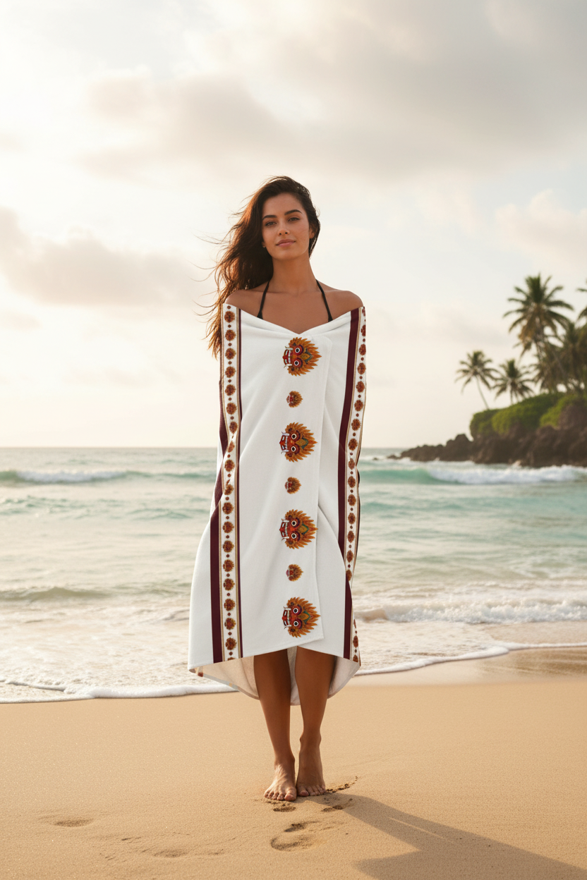 Woman wrapped in Raksha beach towel with Sri Lankan devil dance mask print on tropical beach — Raksha Collection — Ceylon Culture Vibes