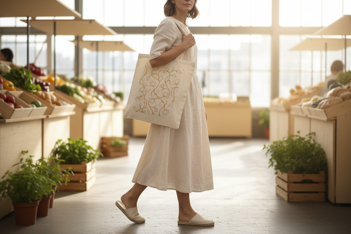 Woman carrying Ceylon lotus canvas tote bag in bright Scandinavian interior — Ceylon Culture Vibes