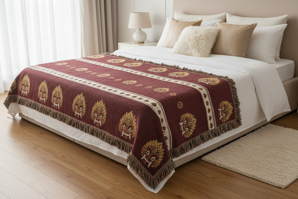 Raksha mask woven cotton blanket as bed throw in elegant bedroom with morning light — Raksha Collection — Ceylon Culture Vibes