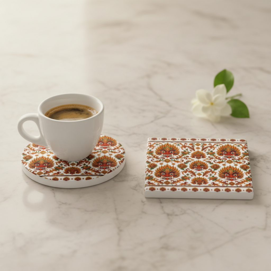 Elegant lifestyle close-up of Raksha Mask ceramic coasters on marble with jasmine flower — Raksha Collection — Ceylon Culture Vibes