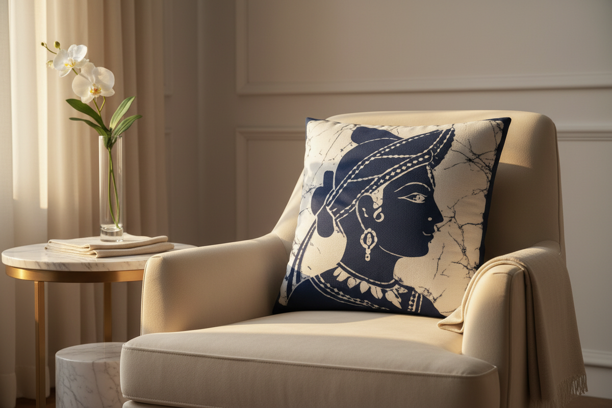 Sigiriya Apsara batik cushion on cream velvet armchair elegant lifestyle — Ceylon Culture Vibes