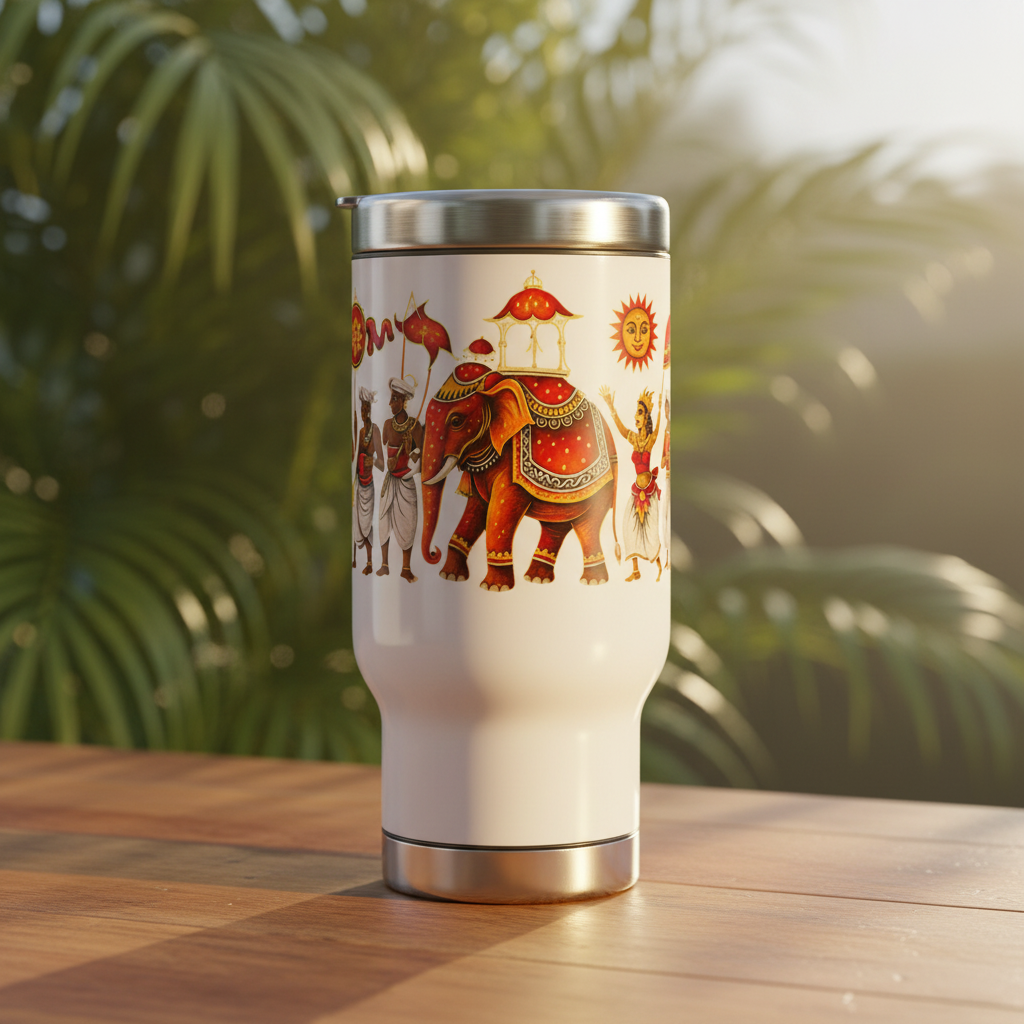 Sri Lanka Elephant Procession Travel Mug 14oz tropical setting — Kandyan Heritage Collection — Ceylon Culture Vibes