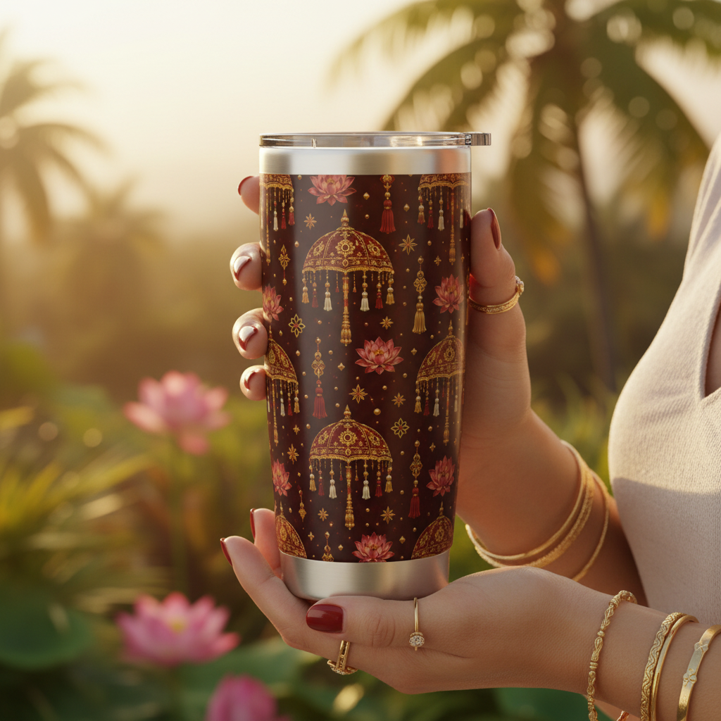 Sri Lanka Sesath Umbrella Lotus Tumbler 20oz hand hold lifestyle — Kandyan Heritage Collection — Ceylon Culture Vibes