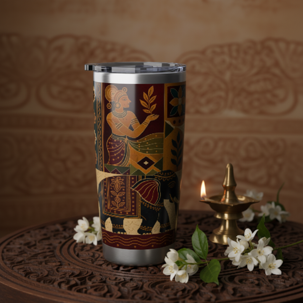 Close-up lifestyle shot of Sri Lankan folk art tumbler on carved wood with brass diya and jasmine — Ceylon Culture Vibes