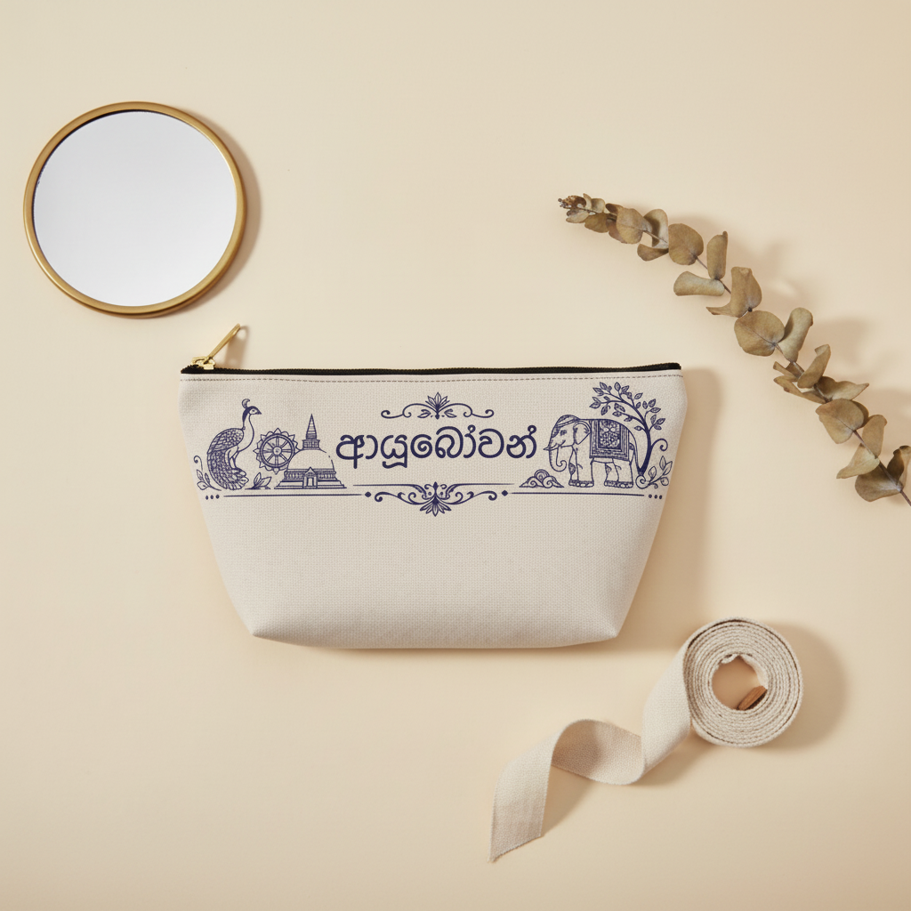Ayubowan Sinhala script cream linen pouch flat lay with gold mirror and botanical — Ceylon Culture Vibes