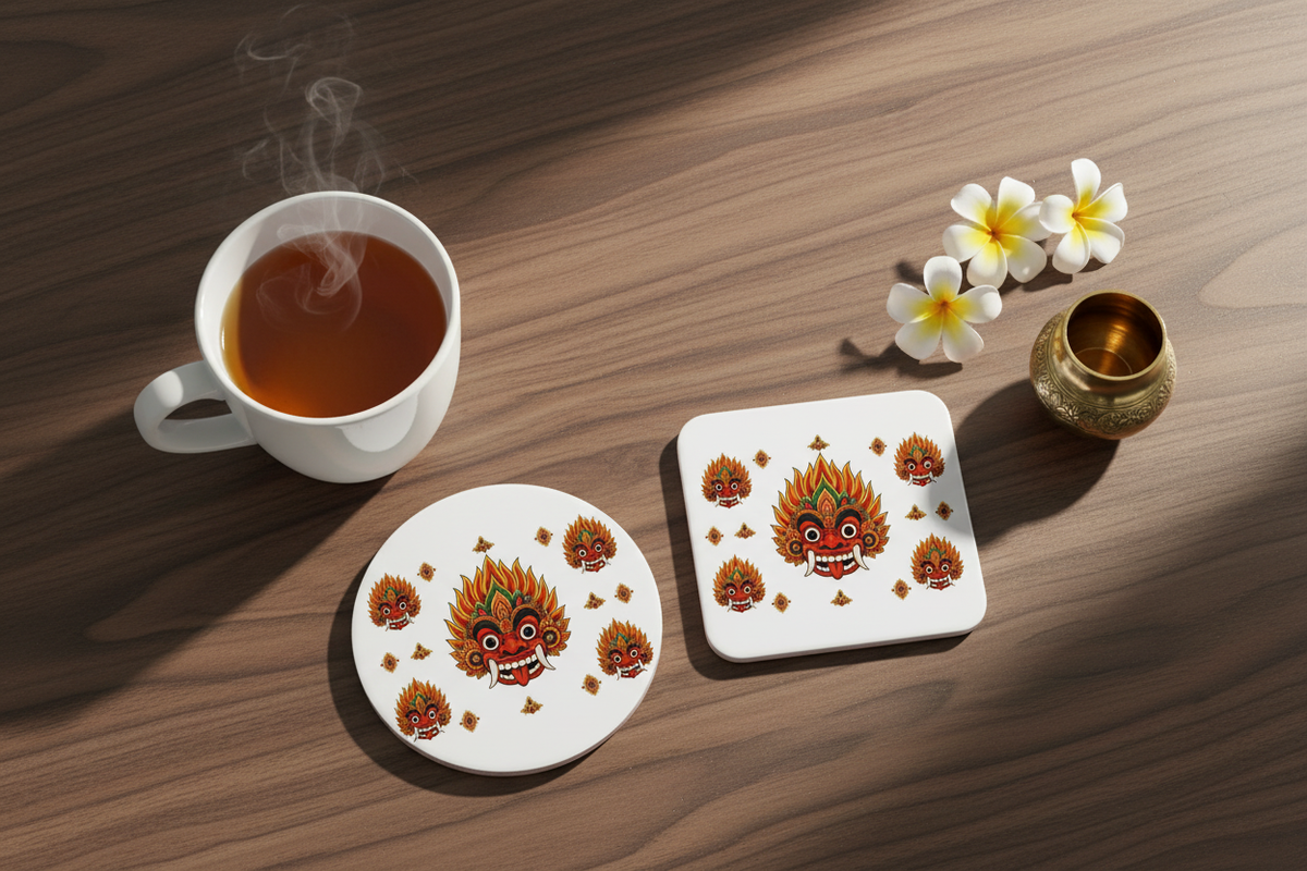 Raksha mask round and square hardboard coasters together on walnut surface — Raksha Collection — Ceylon Culture Vibes