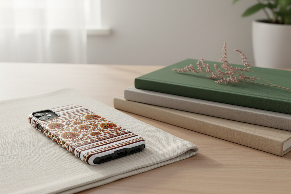 Raksha floral folk mask slim phone case on minimal home desktop — Raksha Collection — Ceylon Culture Vibes