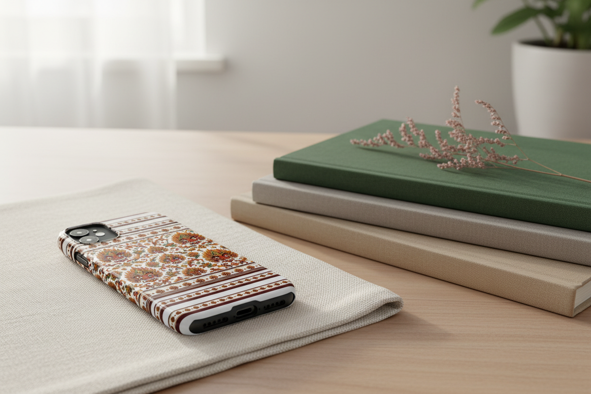Raksha floral folk mask slim phone case on minimal home desktop — Raksha Collection — Ceylon Culture Vibes