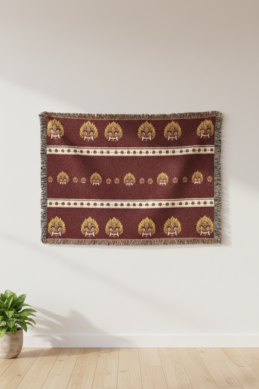 Raksha mask woven cotton blanket hung as tapestry wall hanging — Raksha Collection — Ceylon Culture Vibes