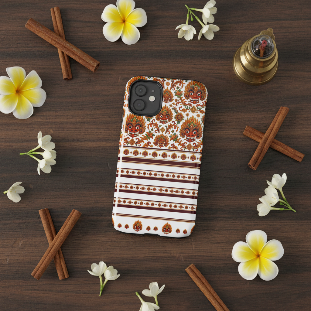 Raksha mask tough phone case flat lay with Sri Lankan cultural styling — Raksha Collection — Ceylon Culture Vibes