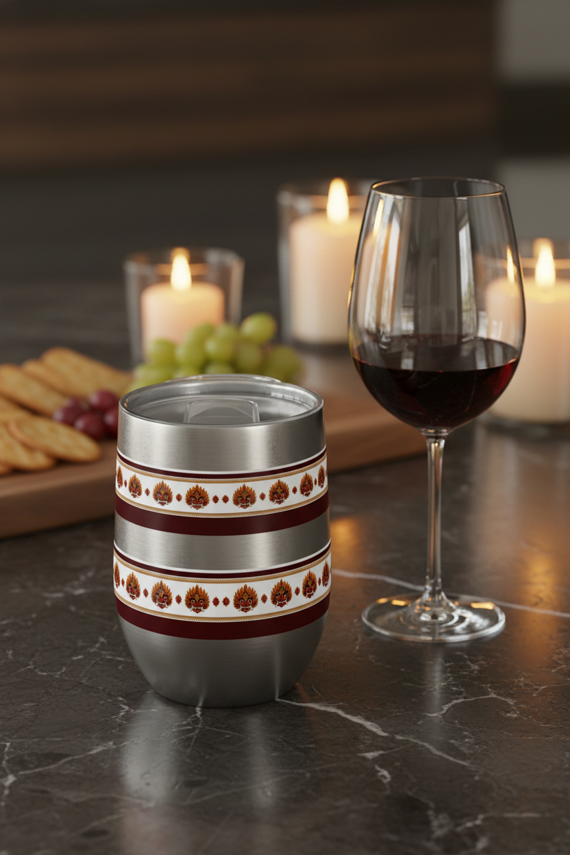 Raksha mask border wine tumbler on marble countertop with red wine and cheese board — Raksha Collection — Ceylon Culture Vibes