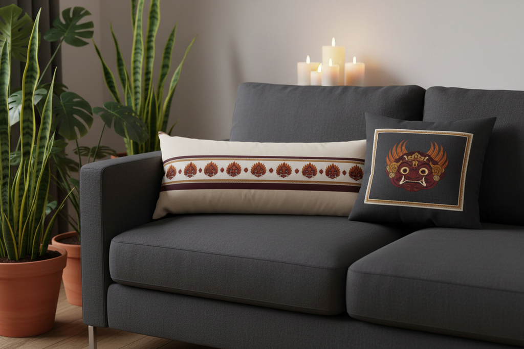 Raksha lumbar pillow cover styled on charcoal sofa with matching cushion — Raksha Collection — Ceylon Culture Vibes