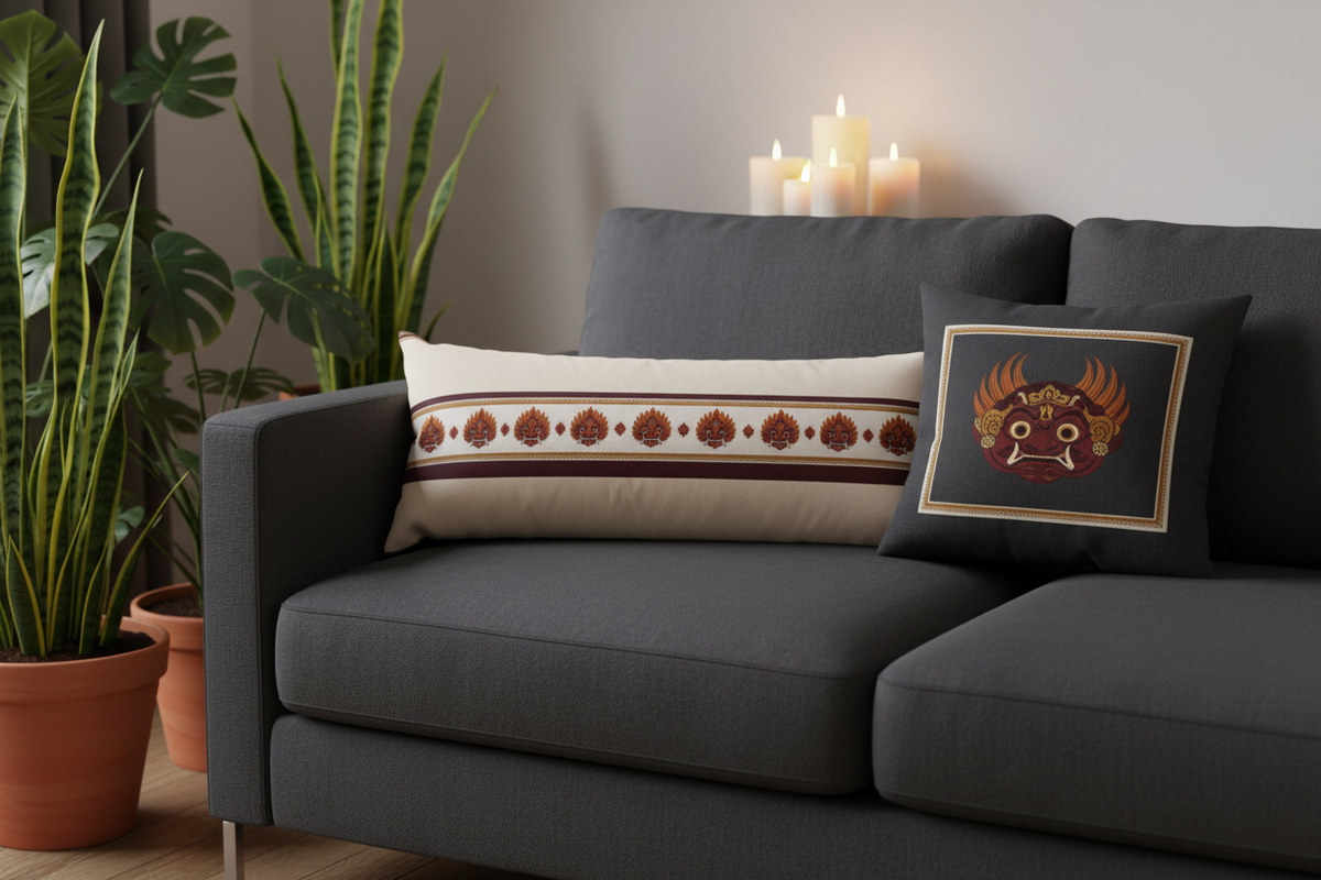 Raksha lumbar pillow cover styled on charcoal sofa with matching cushion — Raksha Collection — Ceylon Culture Vibes