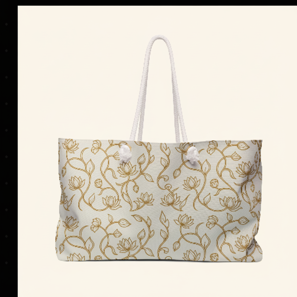 Ceylon lotus weekender bag front-facing on ivory background — Ceylon Culture Vibes