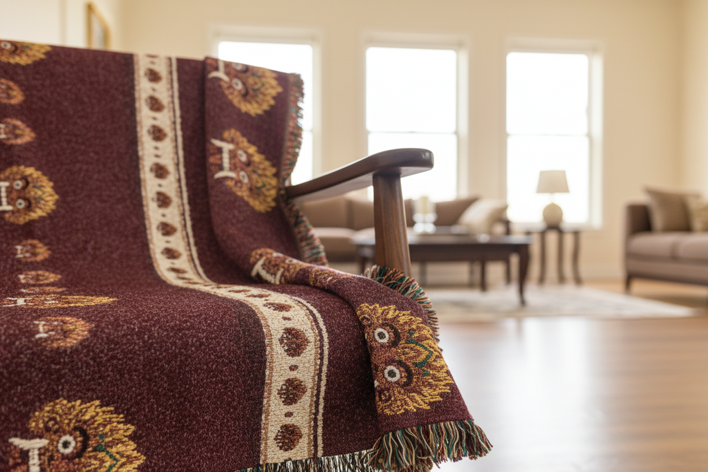 Raksha woven throw blanket close-up on chair showing pattern detail — Ceylon Culture Vibes