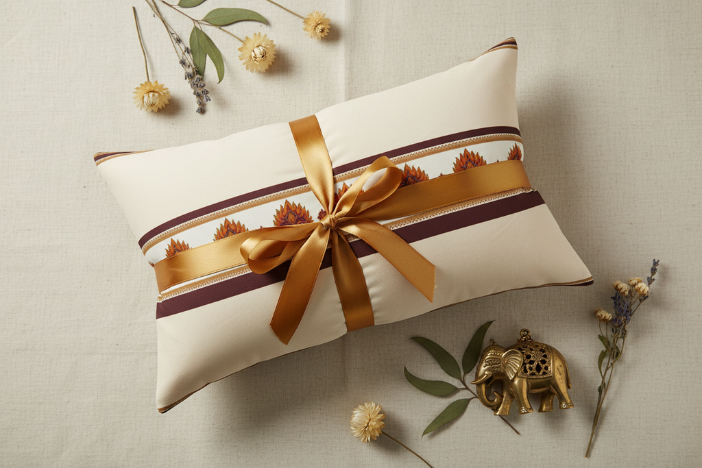 Raksha lumbar pillow cover gift flat lay on ivory linen with gold ribbon and brass ornament — Raksha Collection — Ceylon Culture Vibes