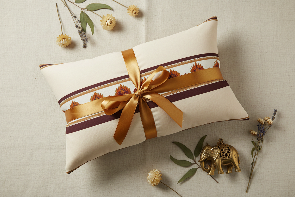 Raksha lumbar pillow cover gift flat lay on ivory linen with gold ribbon and brass ornament — Raksha Collection — Ceylon Culture Vibes