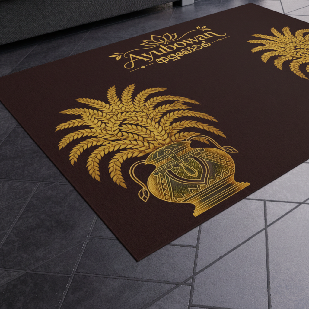 Ayubowan welcome rug gold Punkalasa ceremonial pot close-up — Ceylon Culture Vibes