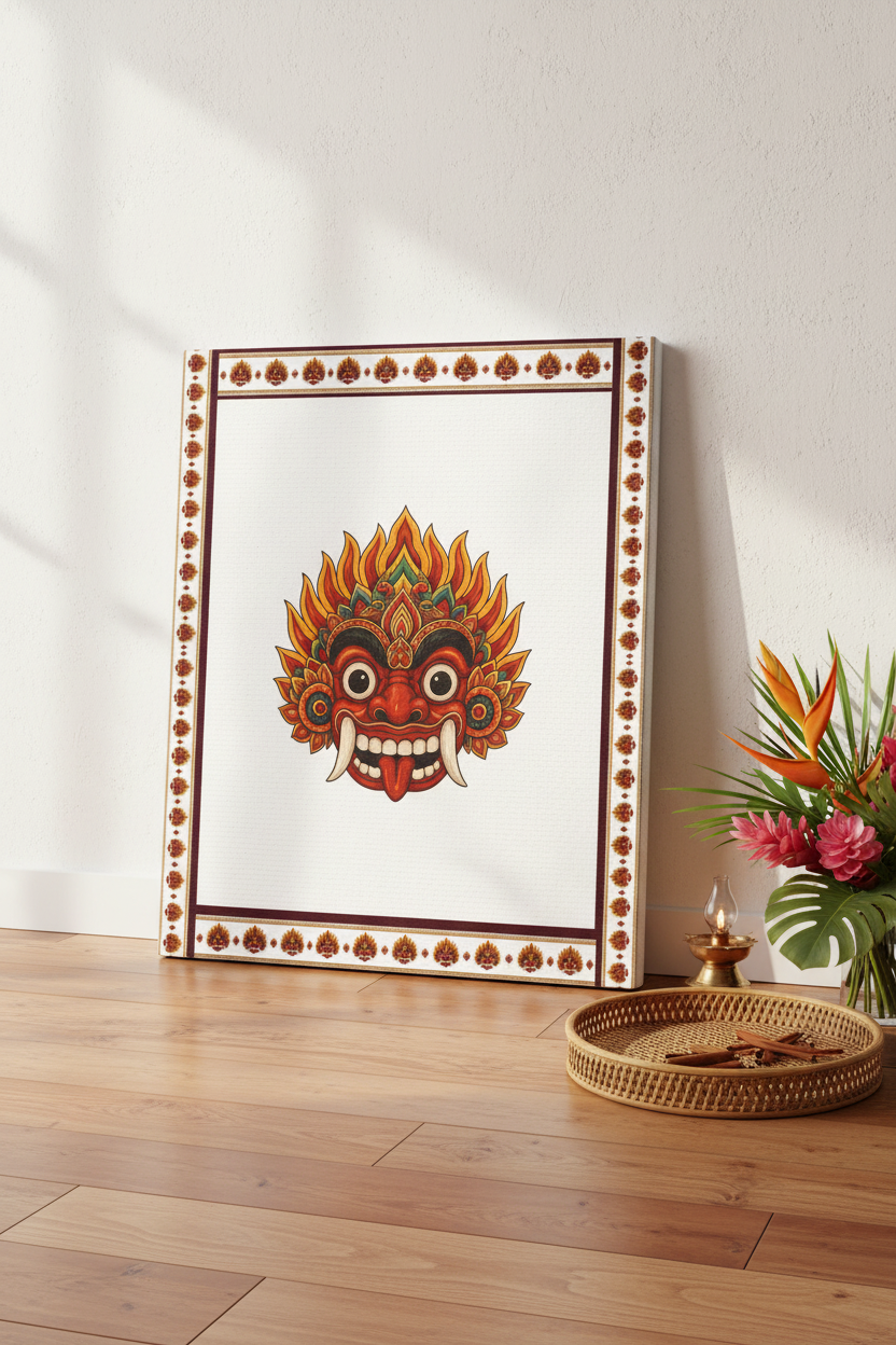 Raksha mask stretched canvas leaning against wall with Sri Lankan cultural styling — Raksha Collection — Ceylon Culture Vibes