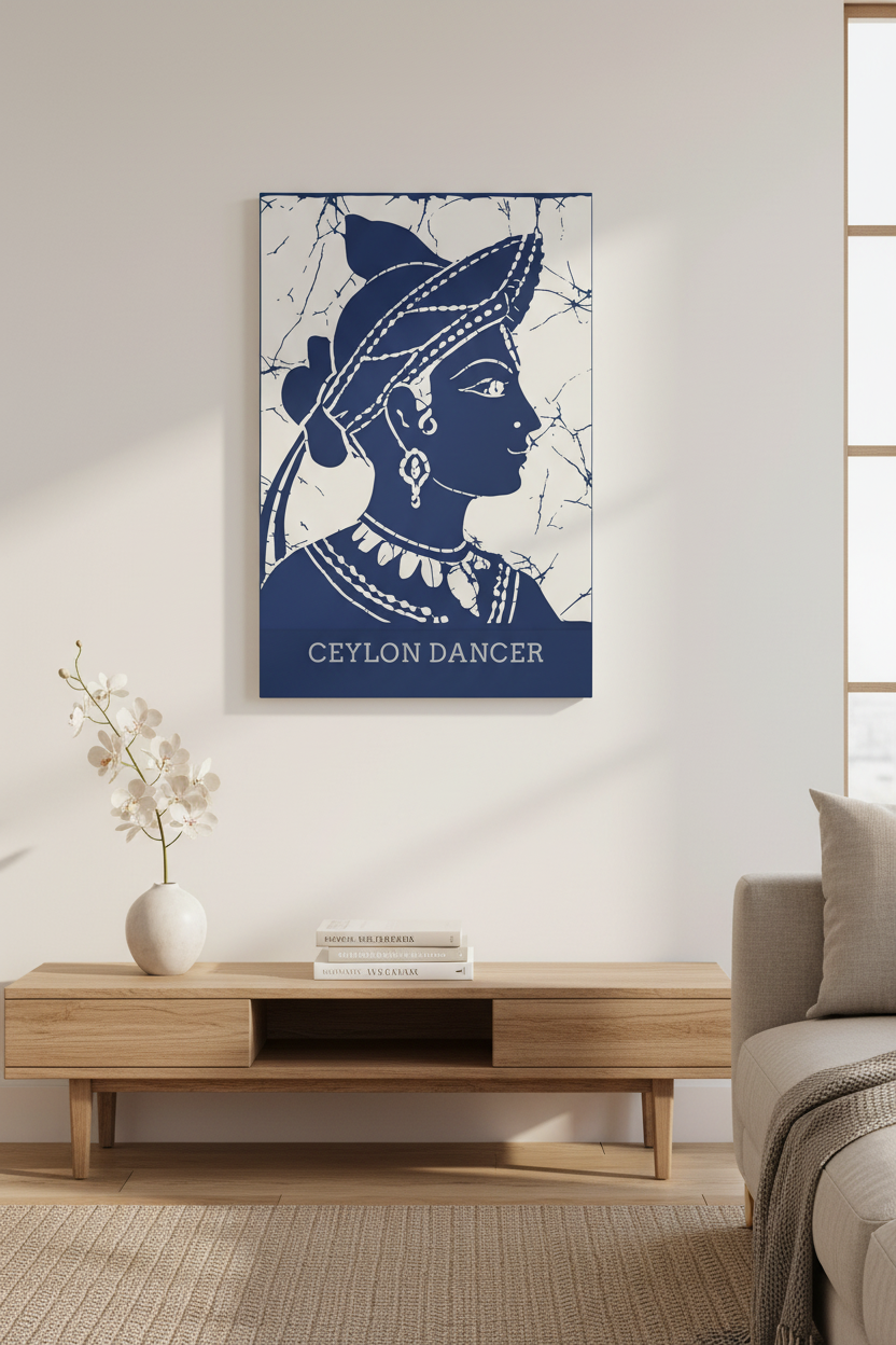 Ceylon Dancer canvas wall art lifestyle mockup on white wall with timber console — Ceylon Culture Vibes